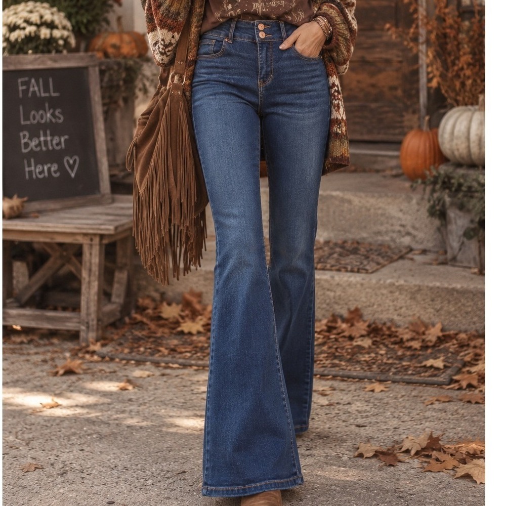 No Boundaries Women Dark Wash High Rise Flare Jeans Size 5 Double Button Western